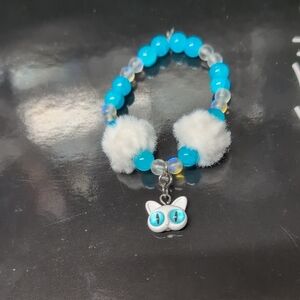 Blue and White Fuzzy Irrideasnt Beaded Bracelet with Cat Charm